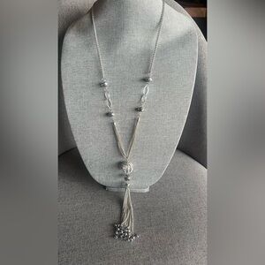 Costume Y2K Rhinestones Necklace Long Lariat White Crystals Silver Tone Chains